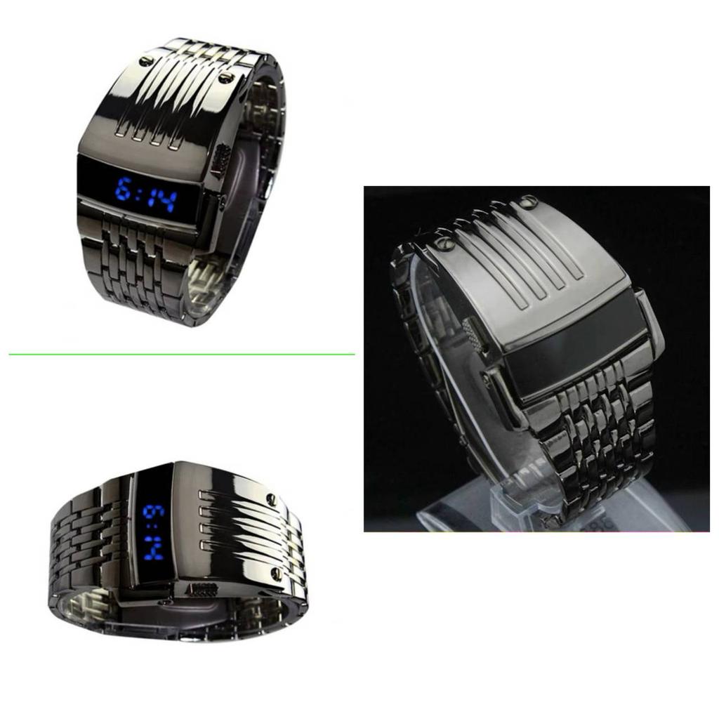 Светодиодные модные наручные часы Мужской подарок Цифровой светодиодный синий дисплей Широкий браслет из нержавеющей стали Армейские спортивные Винтажные ретро Повседневные