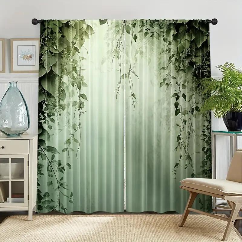2pcs Lush Green Vine Printed Curtains, Designed for Light Filtering, Quality Material, Ideal for Nature-Inspired Home Window Dec