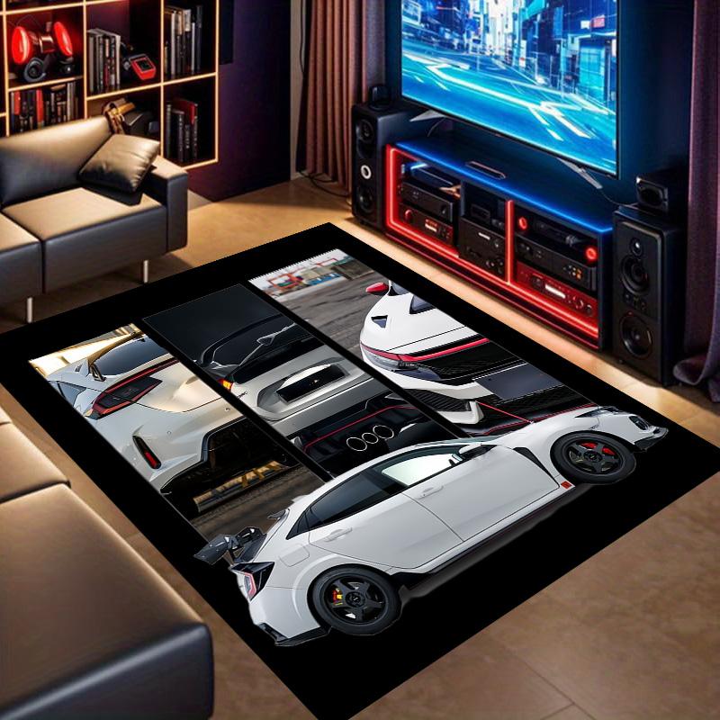 White Sportcar Detail Montage Print Area Rug Non‑Slip Rectangular Floor Mat Auto Fan Decor for Gaming Bedroom Living Room