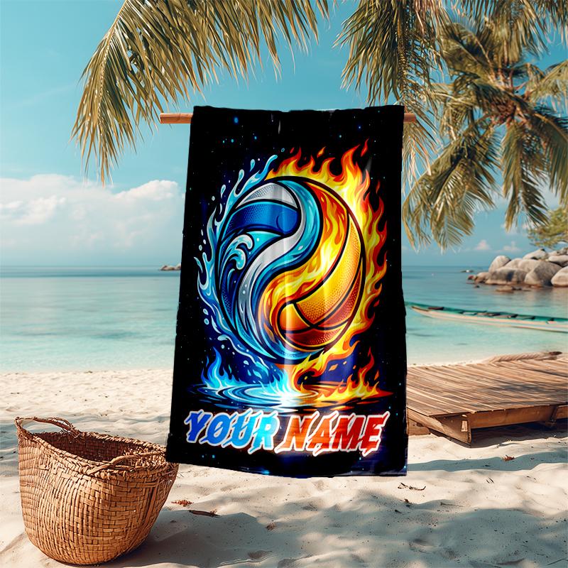 1PC Custom Name "Flame Water Basketball" Beach Towel Highly Absorbent And Sand-Resistant Towel for Swimming, Pool, Yoga, And Travel Lightweight