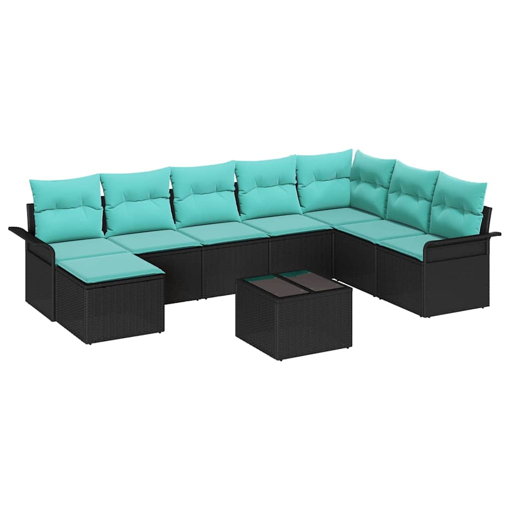 Garden Sofa Set with Cushions 9 pcs Black Poly Rattan