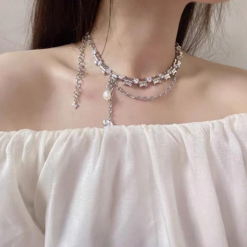 Double Layer Heart Pendant Necklace Women Minimalist Chic Copper Chain With Gemstone Accent Sweet Edgy Style