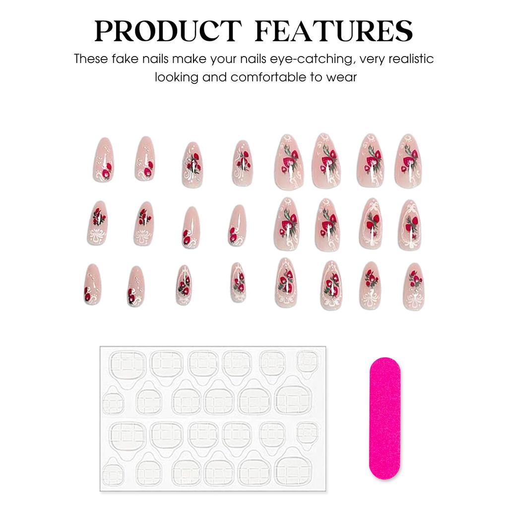 Pink Fake Nails with Strawberries Printed Sweet & Charming Reusable False Nails for Women and Girl Nail Salon