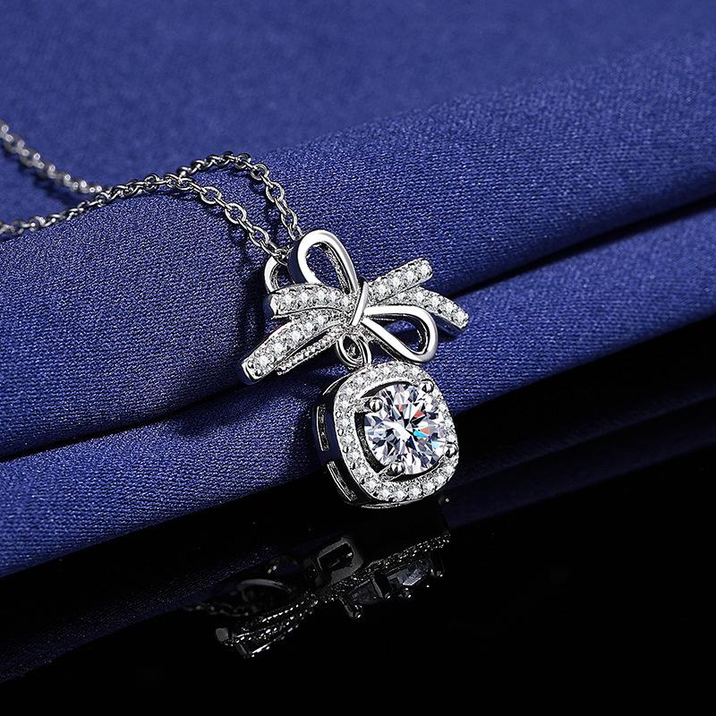 Yiyuan Bow Necklace for Women, Sterling Silver Plated Copper, 41-50cm Chain, Square Bow Pendant