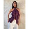 Purple Halter Mesh Ruffled Off Shoulder Sleeveless Sexy Women Casual Top