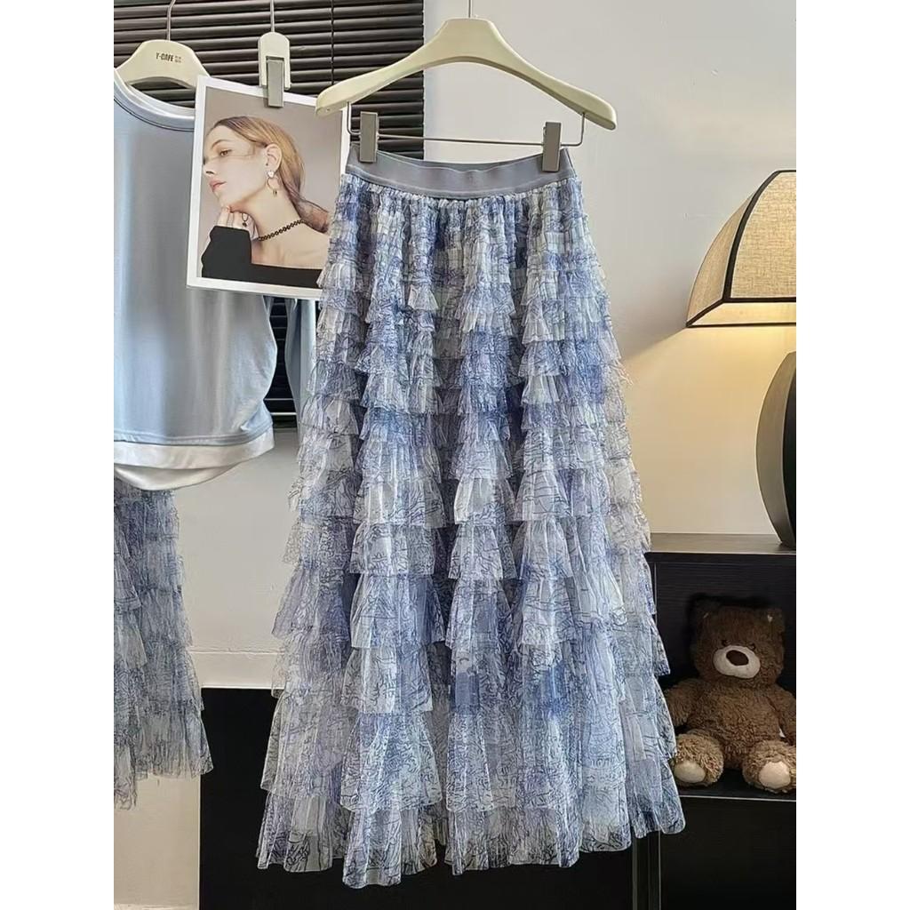 Qooth Женская А-силуэтная юбка из тюля с градиентом и оборками, широкий подол, средней длины, эластичная талия, повседневная юбка QT2636