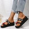 Fashion Women' S Flowers Pearl Decor Toe-Clip Slippers Lightweight Wedge Comfortable Female Slipper Beach Non-Slip Platform Slides Mujer