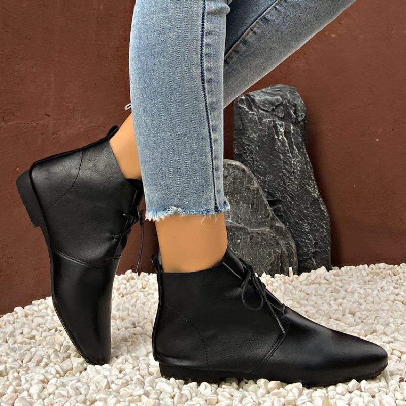 Fashion Women's Ankle Boots Solid Color 2024 Autumn Fashion Pointed Tie Flat Bottomed Boots Women's Casual Retro Sewing Shoes