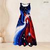 Women Plus Size Round Neck Sleeveless Eagle Printed Beige Navy Tie Waist A Line Long Dress