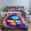 3Pcs Magical Rainbow Bird Bedding Set, Cute Fantasy Owl with Sparkling Eyes Print Duvet Cover + 2 Pillowcases, Kids room Decor