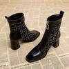 Vintage Thick Heel Women Ankle Boots Fashion Zippers Modern Short Booties Autumn Winter Warm Cotton Office Lady Shoes