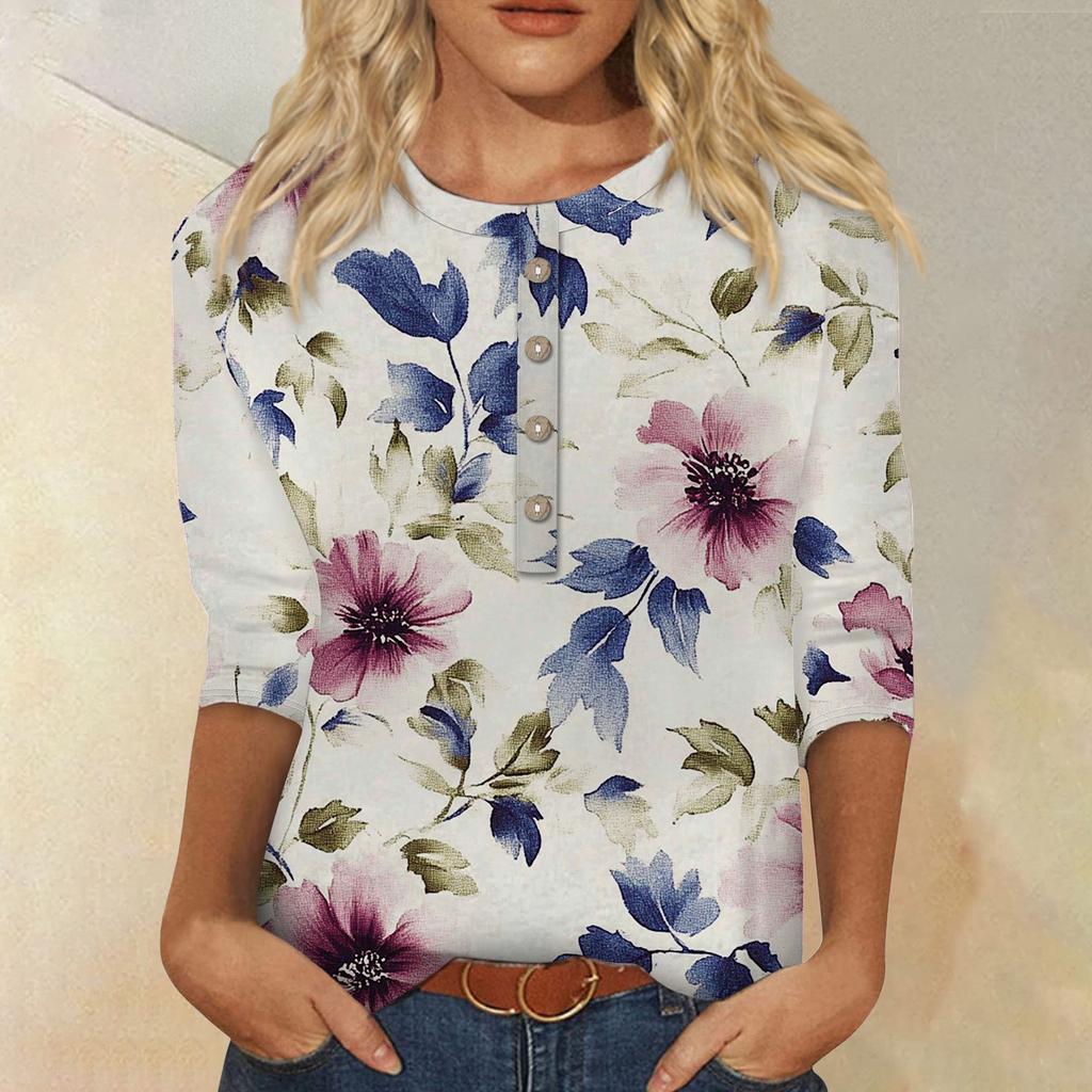 Women's Fashion Casual 3/4 Sleeve Floral Button Printed Round Neck Pullover Top Casual Clothing