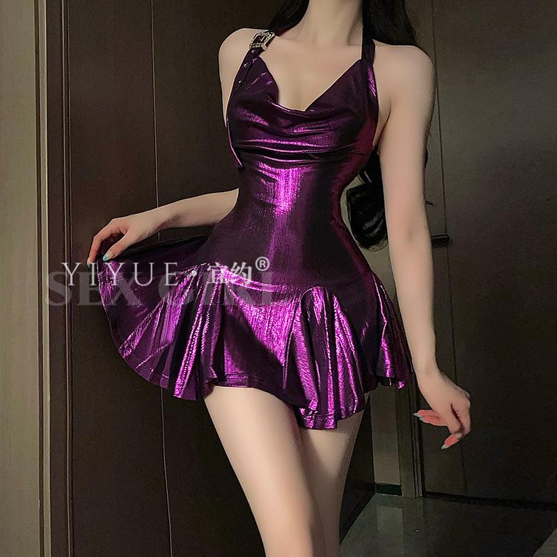 Sexy Purple Shiny gilded nightclub swing neck dress Women's romantic underwear Uniform Seductive pajamas 8996