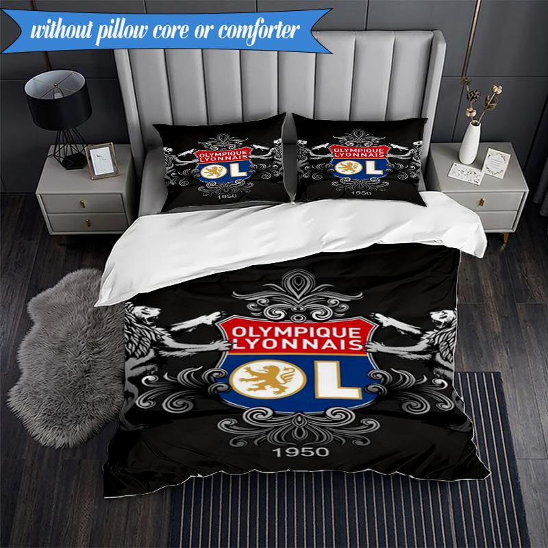 3PCS Lyon Football Crest Design Printed Soft Bedding Set,Including 1pc Duvet Cover And 2pcs Pillowcases Perfect for Bedroom, Dormitory, Fan gift
