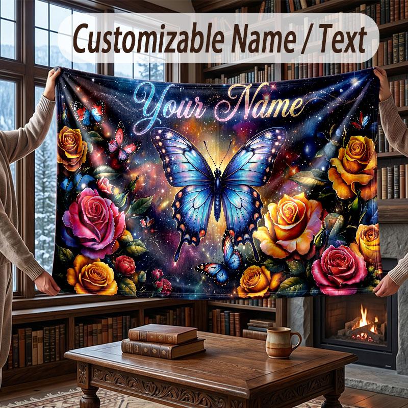 Butterfly Theme Throw Blanket Custom Name Text Personalized Blanket Soft Cozy Blanket for Home Sofa Bed
