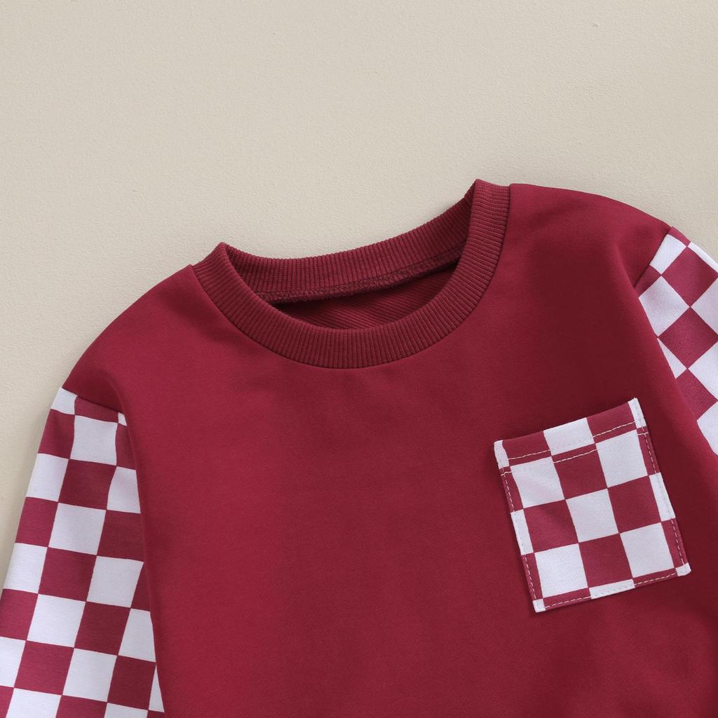 Осенние наряды для маленьких девочек и мальчиков, клетчатый принт, лоскутные толстовки с длинными рукавами и круглым вырезом, длинные штаны, комплект одежды из 2 предметов