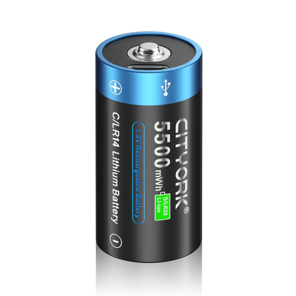 Cityork Перезаряжаемая батарея размера 1,5 VC, тип C, зарядка через USB, литий-ионная батарея R14 LR14 C для фонарика, газовой плиты