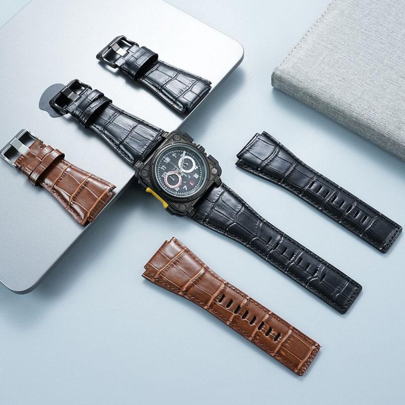 24mm High Quality Cowhide Leather Watch Strap for BR Bell Ross Watch Chain BR01 BR03 Convex New Bamboo Knot Pattern Wristband