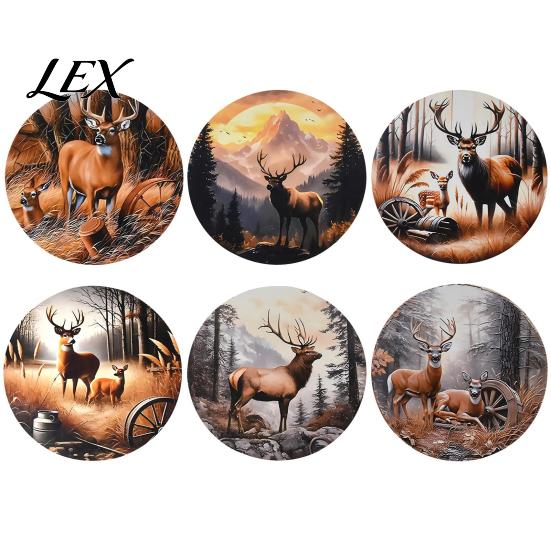 Rustic Forest Elk Pattern Coasters Retro Elk/Vinyl Record Coasters, Decorative Wooden Cup Mats, Insulated Table Natural Wood Decor for Home