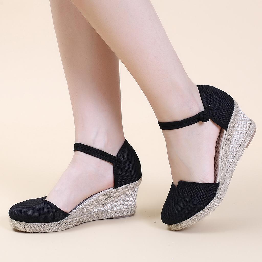 Womens Sandalias Wedges Comfortable Pointed Hemp Rope Weaving Casual Shoes