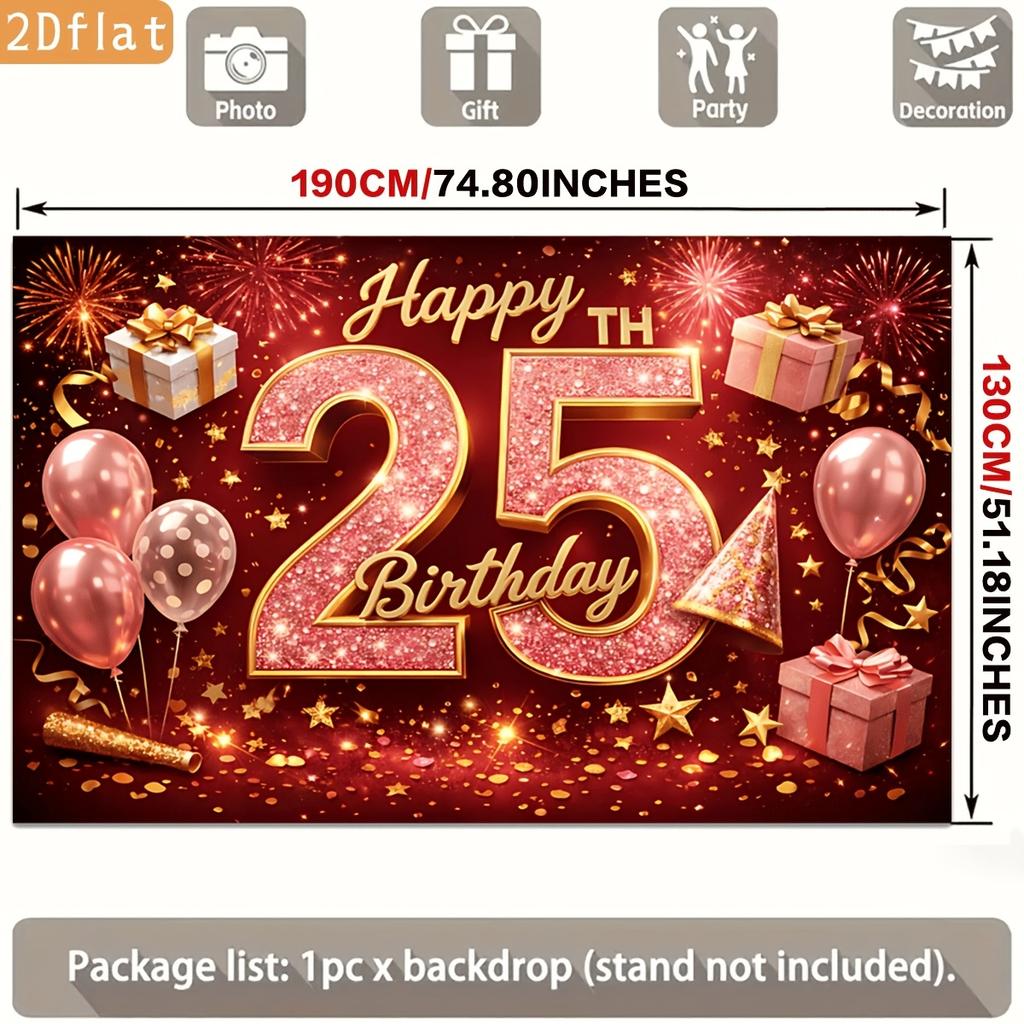 25th Birthday Red Glitter Golden Stars Balloons Gifts Confetti Fireworks Polyester Backdrop, for Party Decor Home, Club, Garden, Farm, Room
