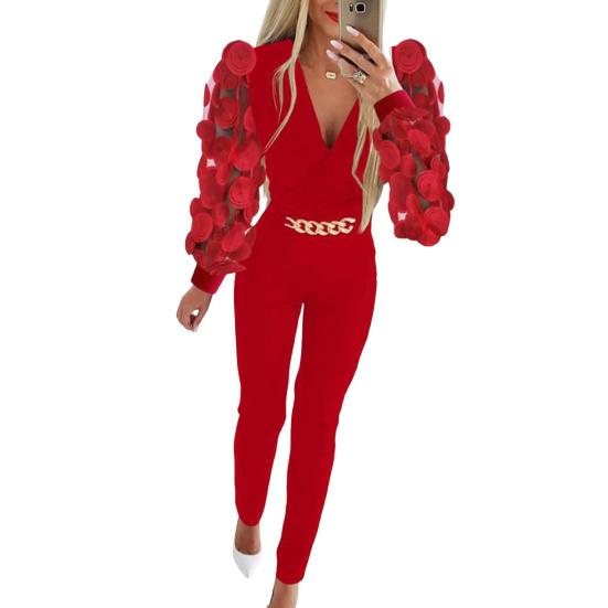 Женский комбинезон с аппликацией в виде розы, прозрачная сетка, декор в виде цепочки, приталенный, с V-образным вырезом, с высокой талией, однотонный