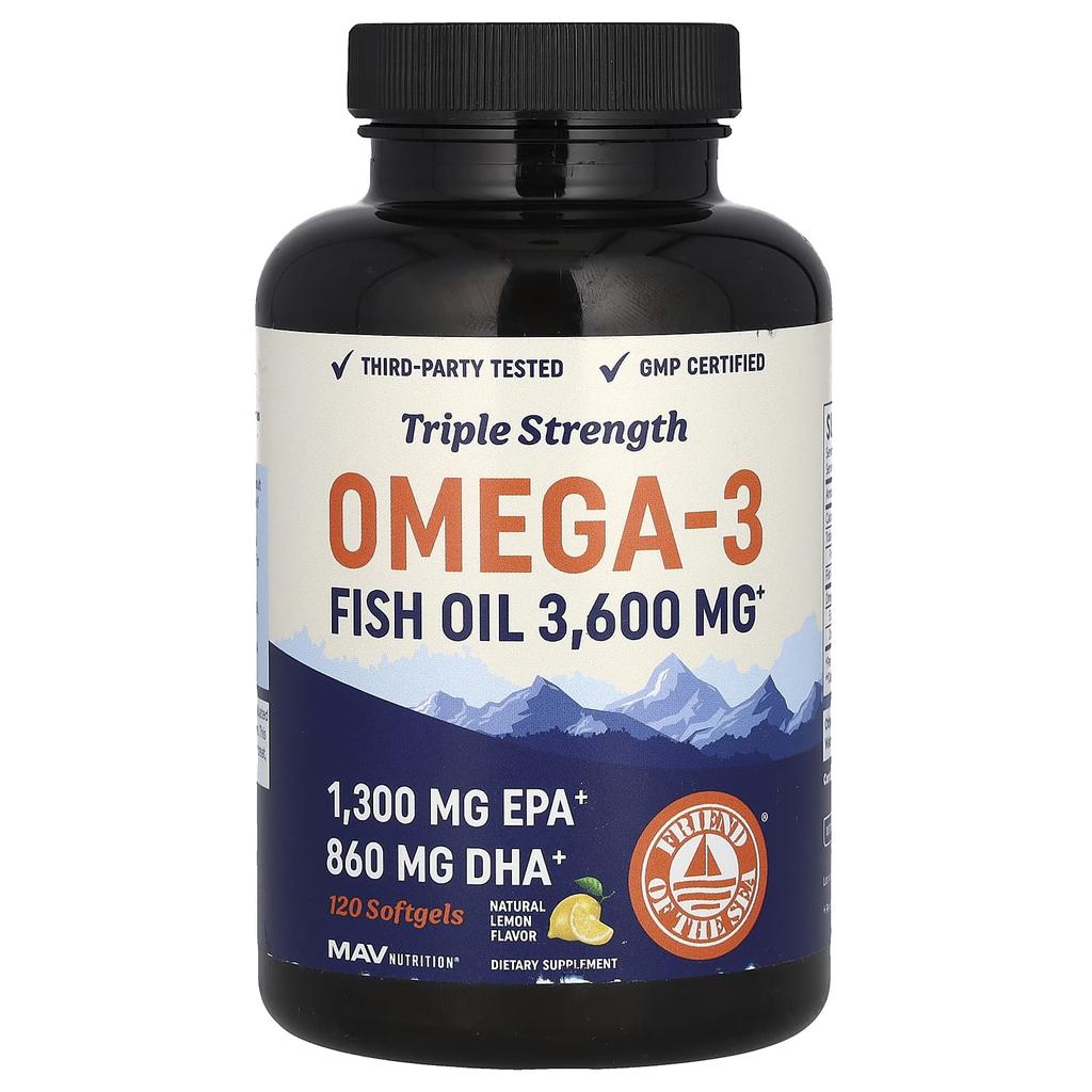 MAV Nutrition Omega-3 Fish Oil, Triple Strength, Natural Lemon Flavor, 120 Softgels