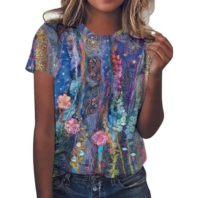 Летние Элегантные Темпераментные Ретро Женские Футболки с 3D Цветочным Принтом, Круглым Вырезом и Коротким Рукавом