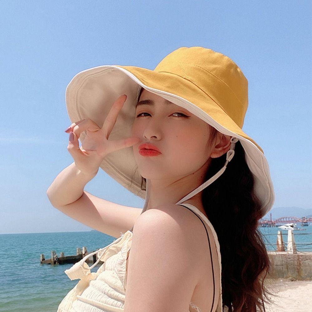 Versatile Women Sun Hat Broad-edged Bucket Hat Practical Double-sided Wear Fisherman's Hat Beach