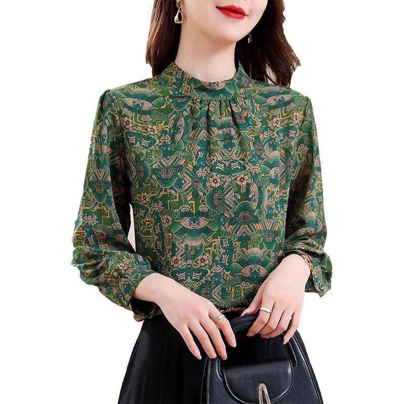 Принтованная рубашка для женщин 2025 лето новая стойка воротник модный пуловер универсальный элегантный повседневный свободный топ