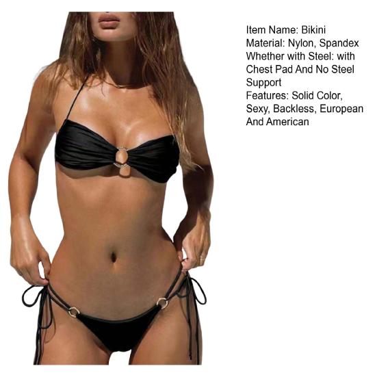 Женский купальник из двух частей, бикини с треугольными чашечками и завязками на шее, с металлическими кольцами, плиссированный купальник с вырезом, пляжная одежда для вечеринки в отпуске