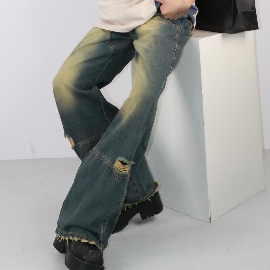 Мужские повседневные джинсы в стиле ретро со средней посадкой и карманами, широкие длинные джинсовые брюки в стиле хип-хоп, рваные джинсы, потертые джинсы