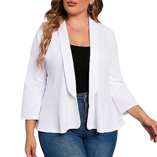 Plus Size Women Suit Coat Lapel Long Sleeve Ruffle Hem Open Front Suit Jacket Solid Color Versatile Business Outerwear