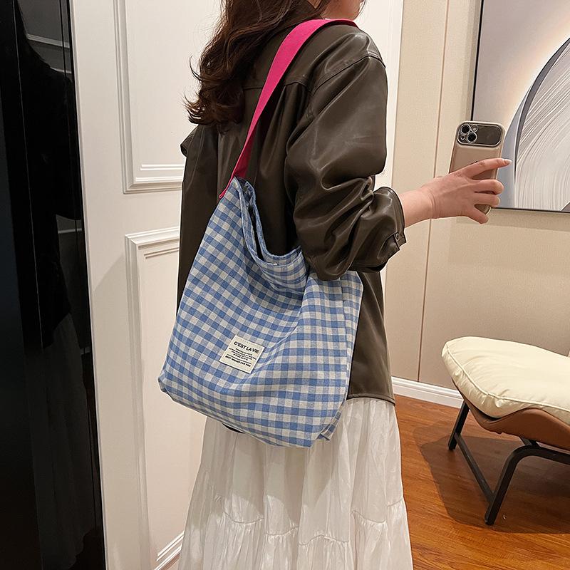 Women Contrast Color Lattice Magnetic Buckle Bucket Bag Leisure Canvas Cloth Shoulder Bags Tote Handbag