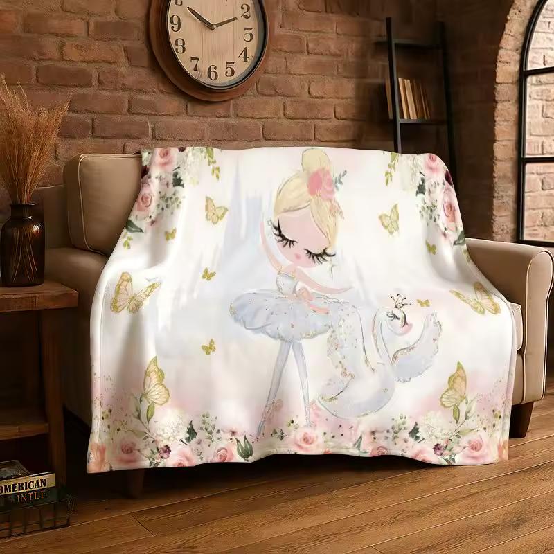 Ballet Girl Cartoon Flower Fairy Flannel Blanket Soft Warm Throw Blanket for Bedroom Living Room Bed Travel Camping Picnic Cover