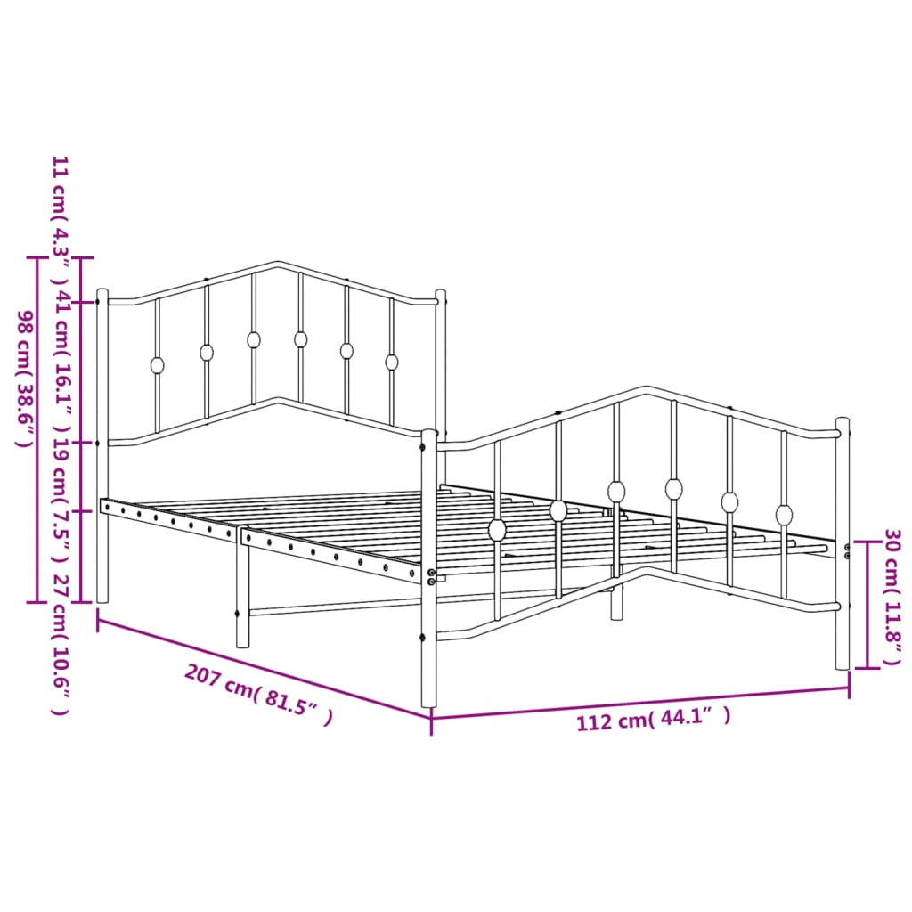 Metal Bed Frame with Headboard and Footboard Black 107 x 203 cm
