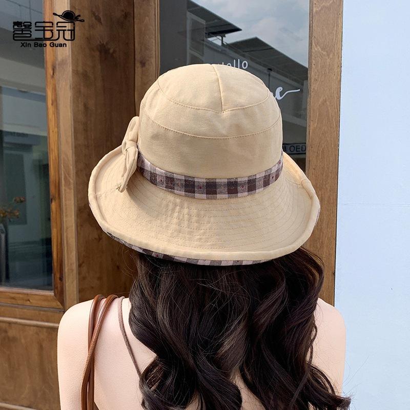 Spring/Summer - Protective Hat for Women, Korean-Style Fashionable Color-Block Plaid Bucket Hat, Outdoor Travel Wide-Brim