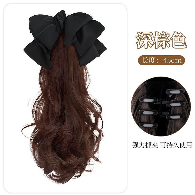 Womens Claw Clip Ponytail Wig Long Curly Hair Bow Highlighted Natural Look