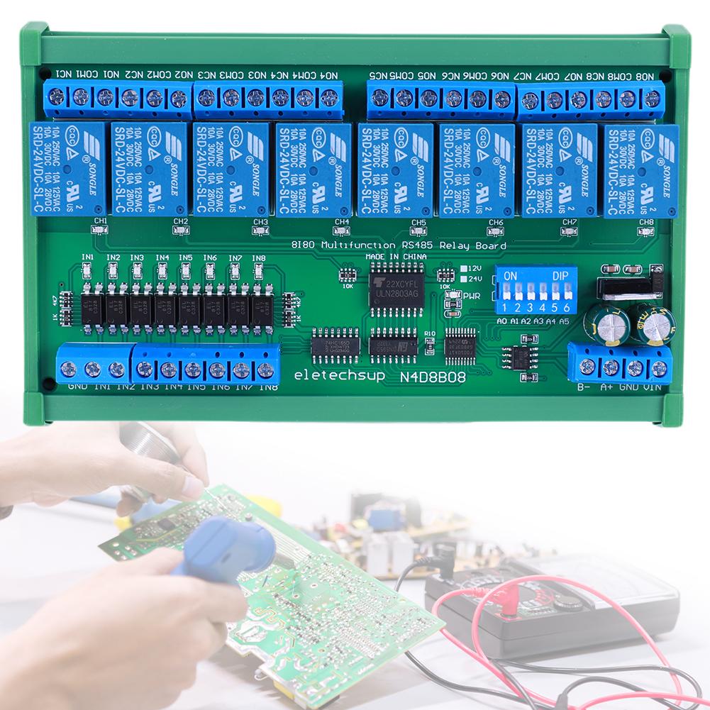 DC 12V 24V 8CH Isolated Input 8CH Output UART RS485 Relay Module DIN35 C45 Rail Modbus RTU Control Switch Board