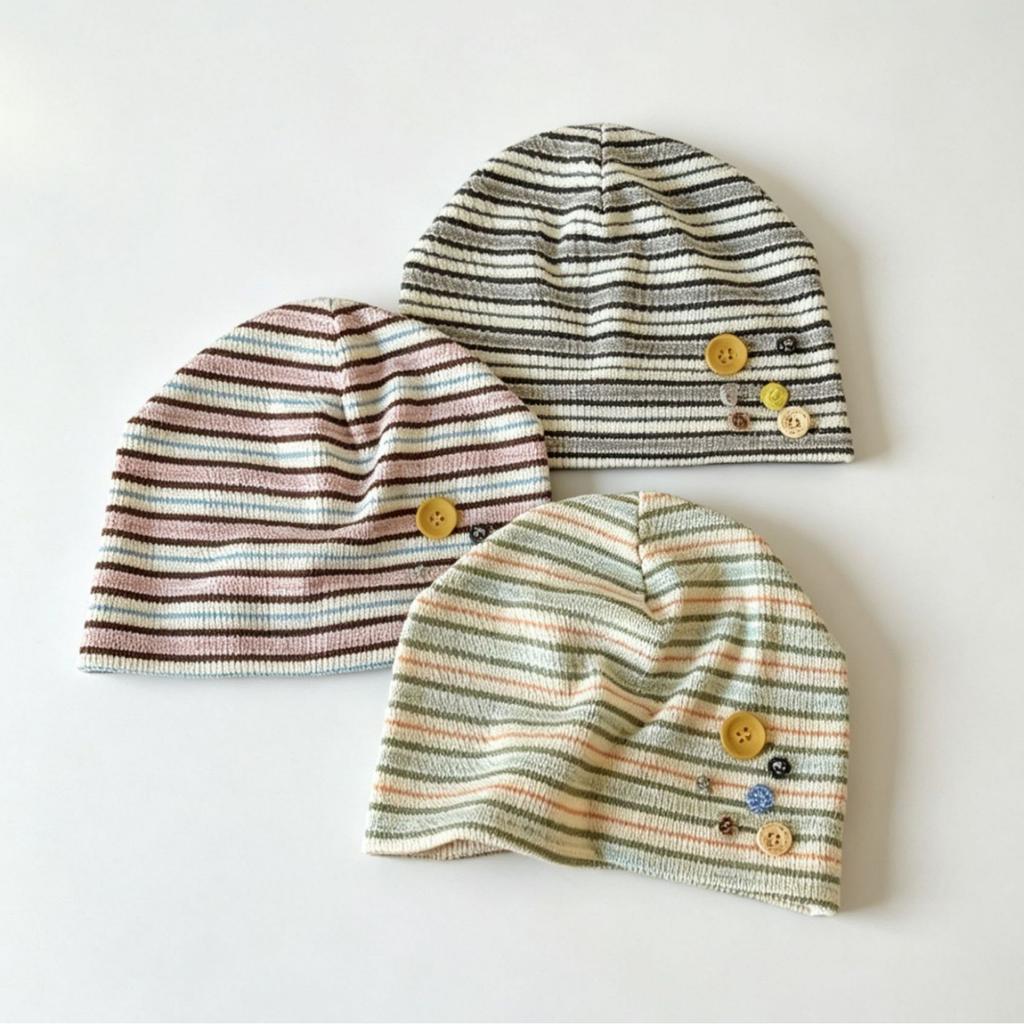 Colored button striped knitted stack hat women's thin sweet wind versatile cold hat showing face small bag head hat
