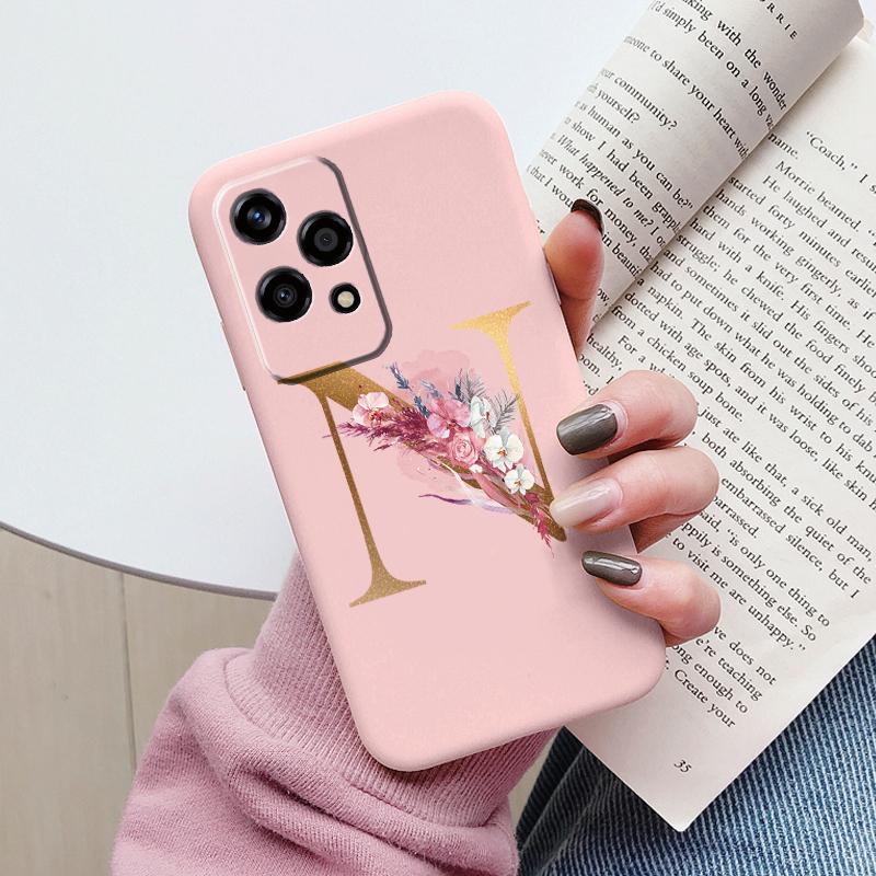 Золотой Чехол-Буквы Для Honor 200 Pro Lite Умный Черный Чехол Мягкая Крышка Для Honor 200Lite Защитный Ударопрочный Funda Розовый Цветок