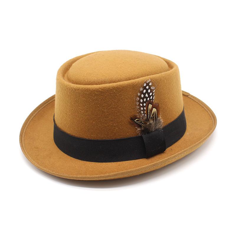 Hat Female British Retro Fashion Versatile Jazz Hat Flat Top Tweed Feather French Top Hat