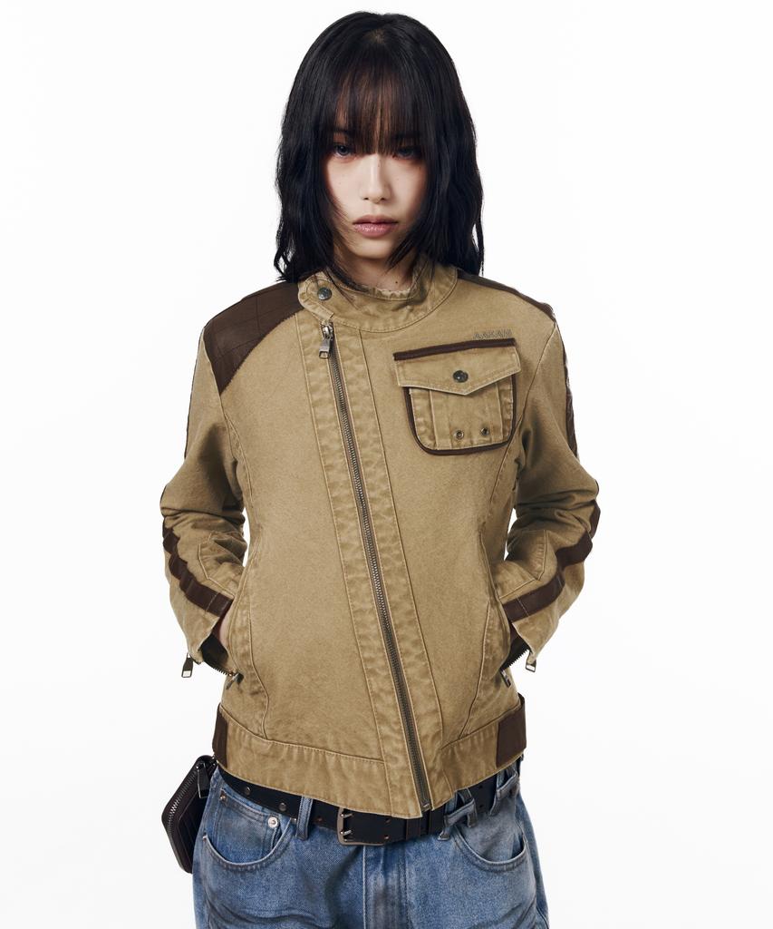 AAKAM Slant Leather Patch Jacket (Beige)