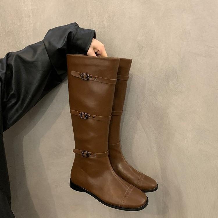 Walk Show Belt Buckle Boots Women'S Flat Heel Long Tube But Knee Retro Martin Knight Boots Western Cowboy Boots