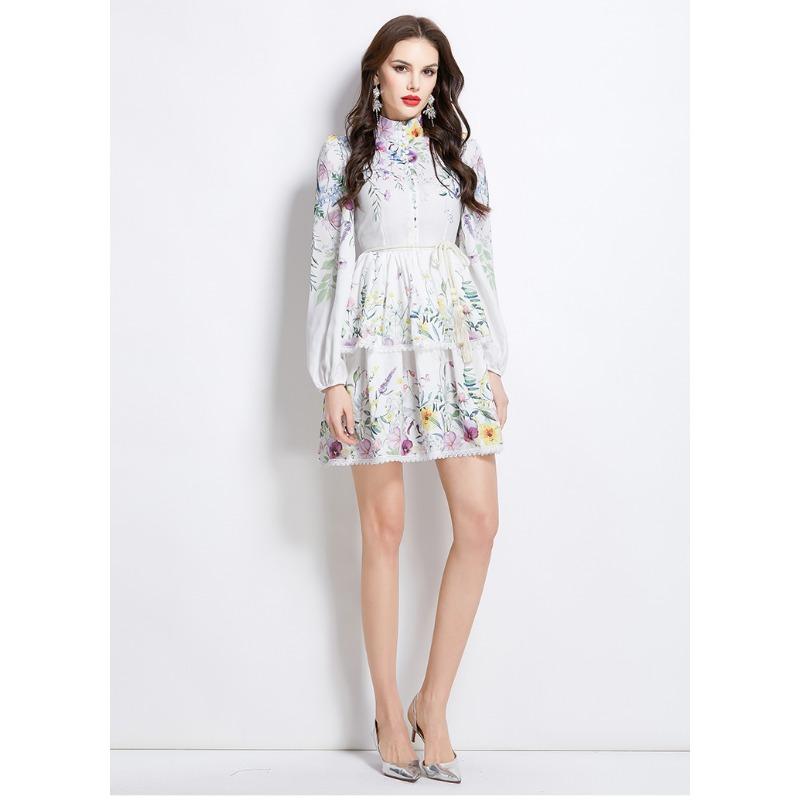 Лето Осень Женские Цветочный Принт Однобортный Кружевной Подол Мини Короткие Платья Для Свадебной Вечеринки с Поясом