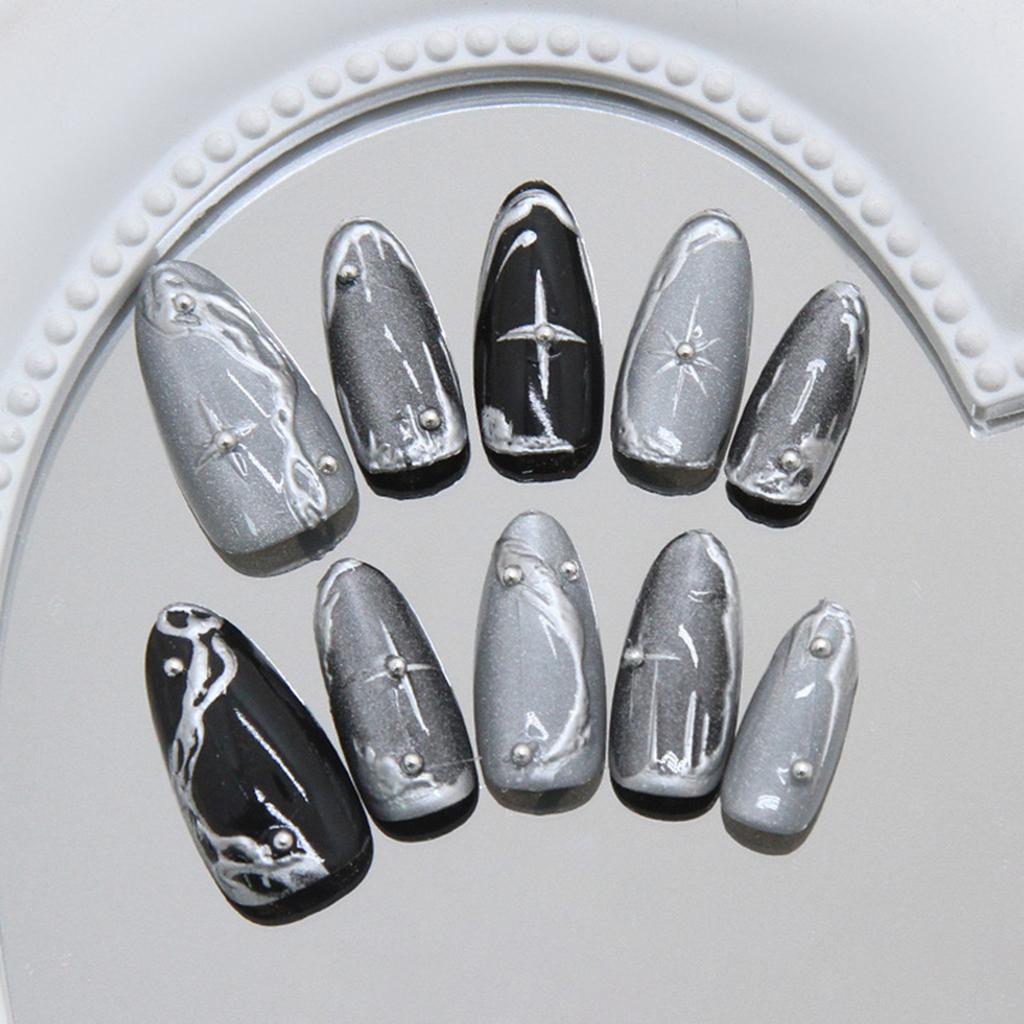 30Pcs Cat-Eye Fake Nails Starry Glitter Irregular Almond Shape Fake Nails for Women