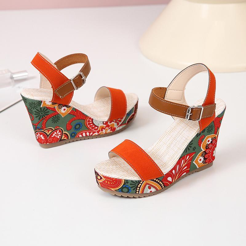Модные сандалии женские с открытым носком с цветочным принтом босоножки на танкетке с ремешком на пятке с этническим принтом туфли на платформе женские сандалии с пряжкой на щиколотке