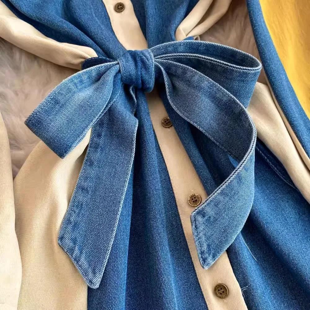 Lace Up High Waist Women 2025 Dresses Patchwork Denim Dresses Laple Long Sleeve Dress Femininos French Style Clothing