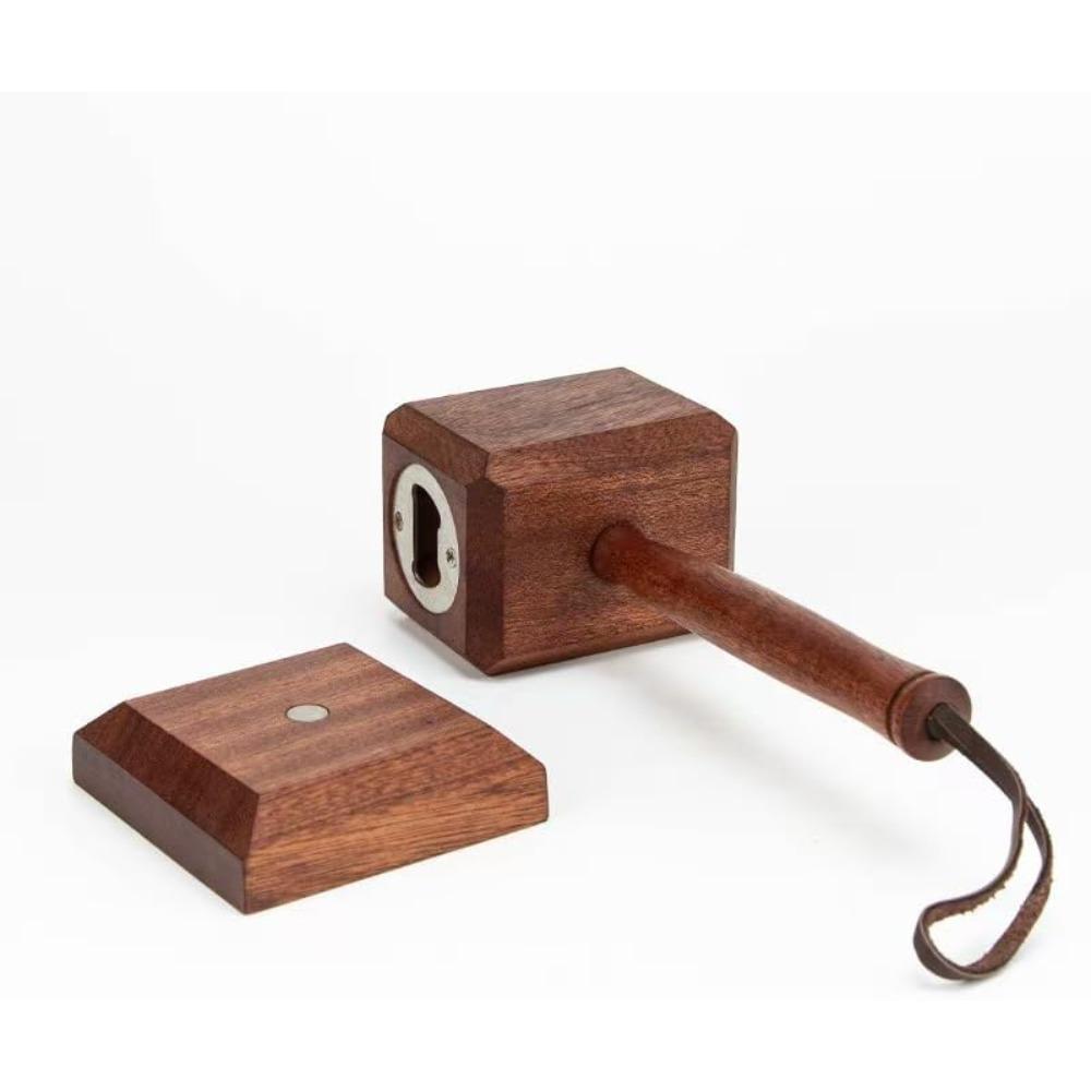 Wooden Hammer Bottle Opener with Magnetic Base, Handcrafted Walnut Wood, Stainless Steel Cap Opener, Decorative Bar Accessory