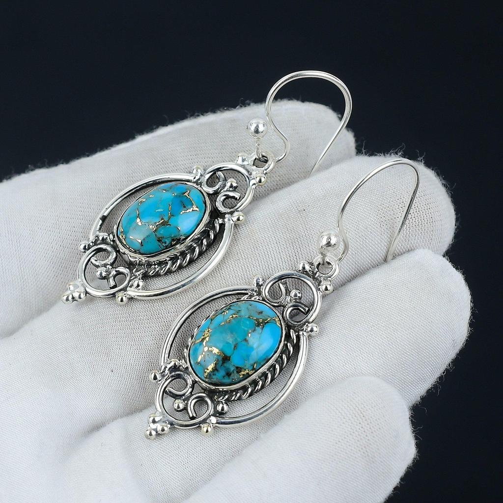 Серьги с синей медью и бирюзой, серебряные серьги с бирюзой, серьги с овальным камнем, серьги из стерлингового серебра 925 пробы, серьги с драгоценными камнями, серьги с подвесками